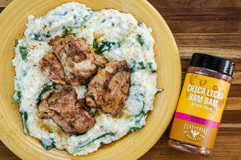 Grilled Bayou Chicken with Creamy Grits & Greens