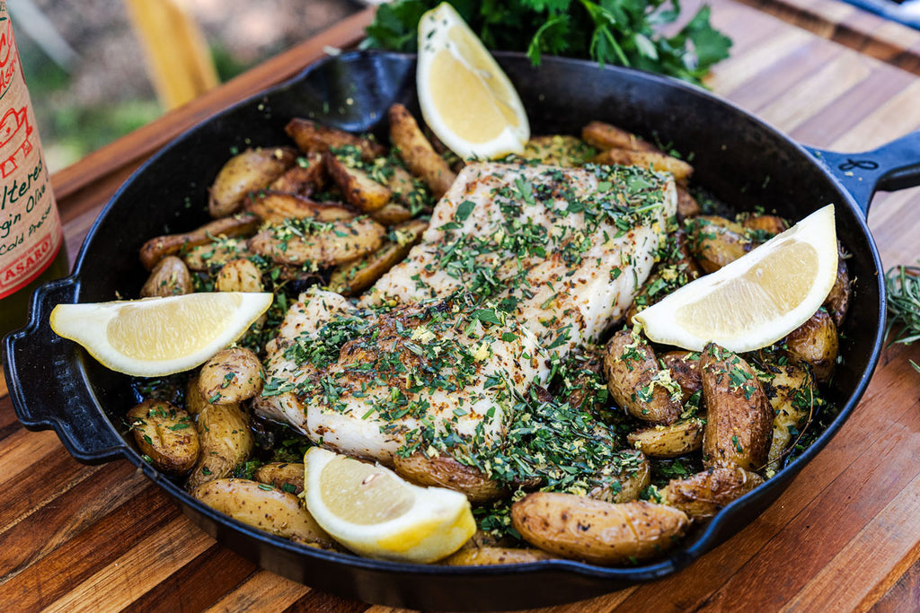Grilled Halibut with Fingerling Potatoes