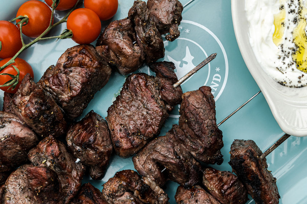 Lamb Kebabs with Black & Tan and Lemon Yogurt Sauce
