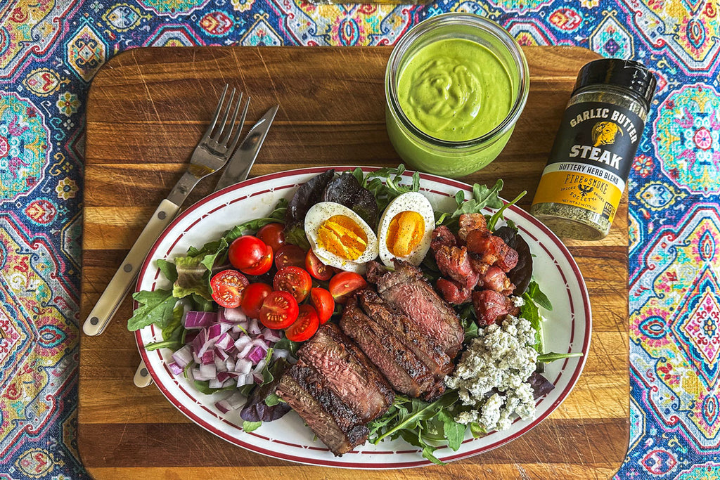 Garlic Butter Steak Cobb Salad with Creamy Avocado Dressing