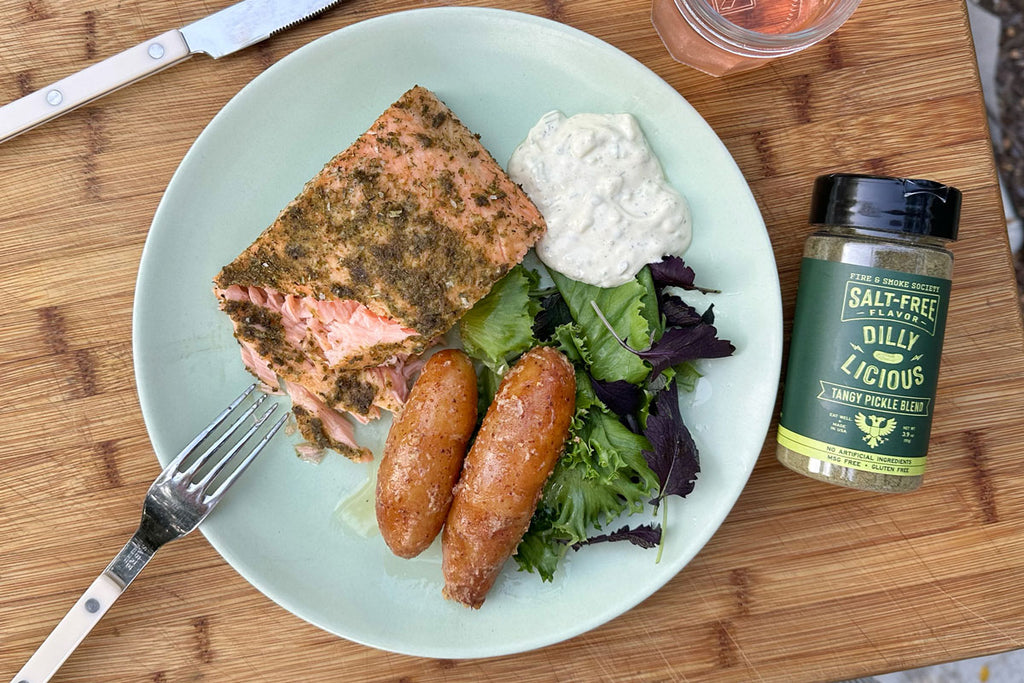 Dilly Salmon & Mustardy Potatoes with Pickle Tartar Sauce