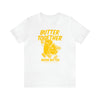 A crew neck t-shirt with the text 'BUTTER TOGETHER' and an illustration of a smiling stick of butter walking beside an onion on it.