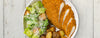 breaded chicken with salad and potatoes