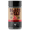 A bottle of Fire & Smoke Spices Sauces Society Black and Tan Steak Rub, featuring a black cap, a tan and black label with a red stripe and steak graphic, and visible black pepper flakes inside a clear container.