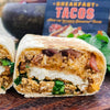 A package of 'BREAKFAST TACOS' seasoning behind a giant breakfast burrito 
