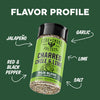 A bottle of Fire & Smoke Society Charred Chile & Lime seasoning is centered on a dark green background with white text and arrows labeling flavor profile components: jalapeño, garlic, lime, red & black pepper, and salt.