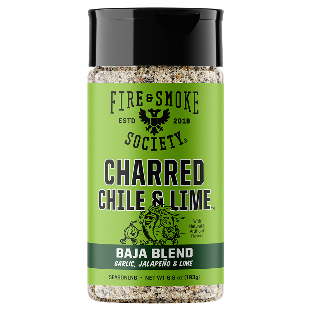 A bottle of Fire & Smoke Society Charred Chile & Lime seasoning, featuring a bright green label and a black cap, set against a plain white background.