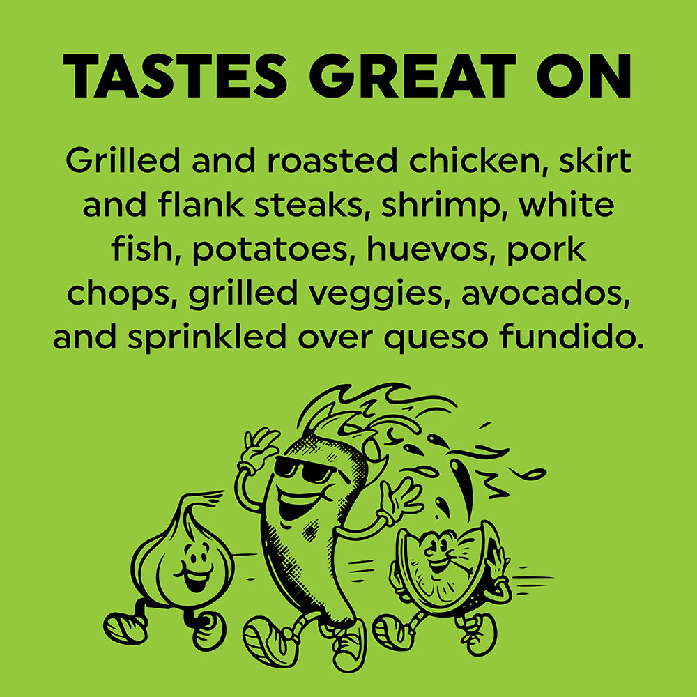 A green graphic with black text reading 'TASTES GREAT ON' and a list of foods it pairs well with, plus a cartoon illustration of three smiling vegetables running at the bottom.