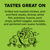 A green graphic with black text reading 'TASTES GREAT ON' and a list of foods it pairs well with, plus a cartoon illustration of three smiling vegetables running at the bottom.