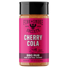 A bottle of Fire & Smoke Society Cherry Cola BBQ Rub seasoning, featuring a bright pink label with a black cap, set against a plain white background.