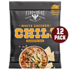 A packet of Fire & Smoke White Chicken Chili Seasoning Mix. The packaging is dark gray with bold orange text and a bowl of prepared chicken chili with tortilla chips shown on the front, alongside a dark red circle indicating '12 PACK'.