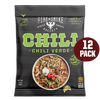 Packaging of Fire & Smoke Spice Society Chili Verde, showing a bowl of green chili with chicken, and a label stating '12 Pack'.