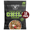 A 12-pack bag of Fire & Smoke Society Green Chile Chilli Seasoning Mix. The packaging is black with bold green lettering, a photo of a prepared chili bowl on the front, and a dark red circular badge indicating '12 PACK'.