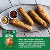 Corn dogs on sticks with dipping sauces on a plate, accompanied by Crunchy Ranch batter mix packaging.