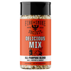 A bottle of Fire & Smoke Society Delicious Mix All-Purpose Blend seasoning, featuring a bright orange label and a black cap, set against a plain white background.