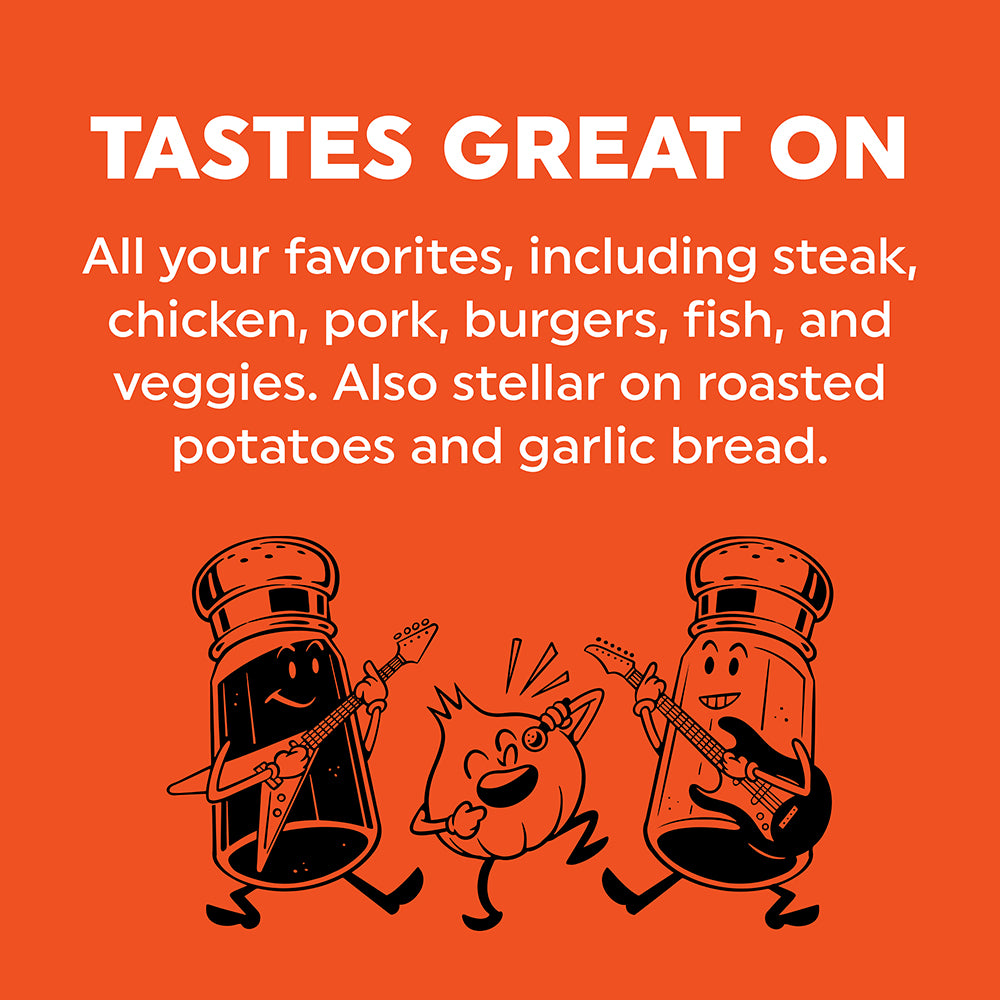 An orange graphic with white text reading 'TASTES GREAT ON' and a playful black line drawing of a salt shaker and a pepper bottle playing guitars and a singing garlic bulb, with additional text listing foods like steak, chicken, pork, burgers, fish, veggies, and roasted potatoes and garlic bread.