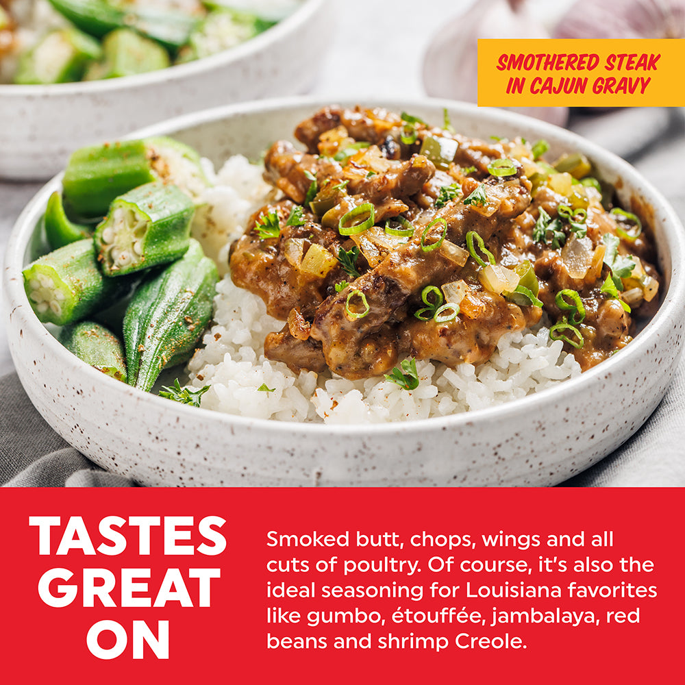 Fat Granny's Cajun Seasoning with rice, smothered steak, and okra