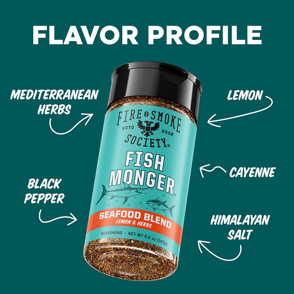 Seasoning jar labeled 'Fish Monger' with flavor profile text on a green background