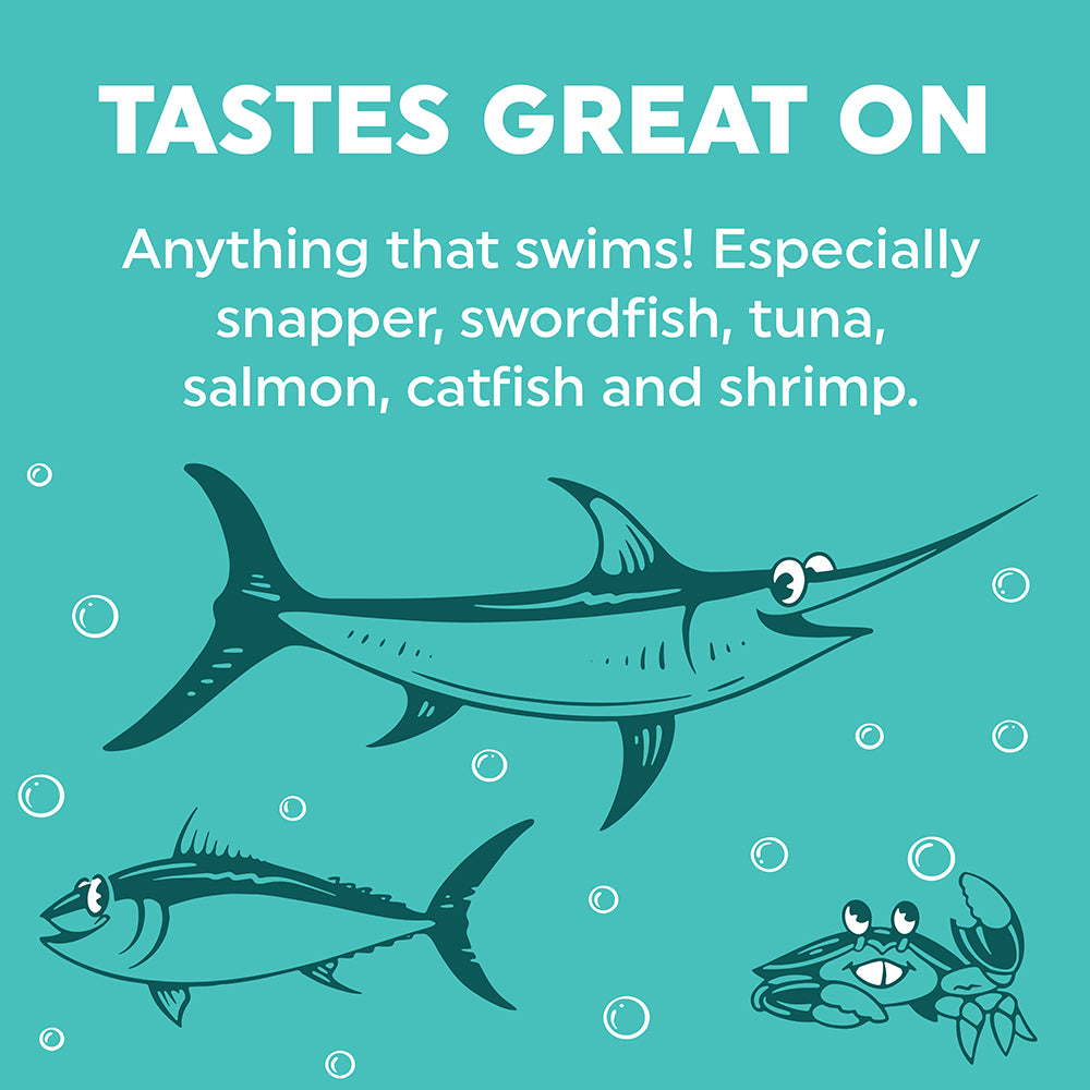 Illustration of a swordfish, tuna, and crab with text on a teal background