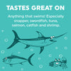 Illustration of a swordfish, tuna, and crab with text on a teal background