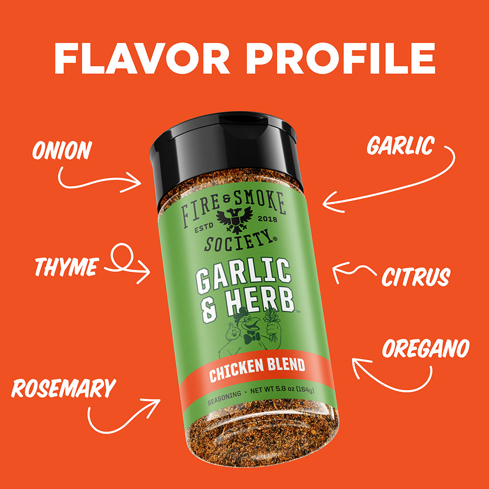 A spice blend jar labeled Fire & Smoke Society Garlic & Herb Chicken Blend, centered on a bright orange background with white text and arrows pointing to flavor notes: onion, thyme, rosemary, garlic, citrus, and oregano.
