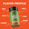 A spice blend jar labeled Fire & Smoke Society Garlic & Herb Chicken Blend, centered on a bright orange background with white text and arrows pointing to flavor notes: onion, thyme, rosemary, garlic, citrus, and oregano.