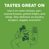 A green square graphic with white text reading 'TASTES GREAT ON' and additional text suggesting use on roast chicken, pan-seared breasts, grilled thighs and wings, poultry burgers, veggies, and pork. A dark green cartoon chicken character wearing a bow tie appears at the bottom.