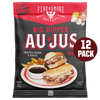 A 12-pack bag of Fire & Smoke Au Jus gravy mix. The packaging is black with red and white lettering, featuring a graphic of a sandwich, fries, and a dipping sauce bowl.