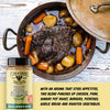 Fire and Smoke Society Holy Garlic! Garlic Lover's Blend seasoning bottle shown next to a rustic cooking scene of a pot of meat and potatoes, with promotional text on a light wood background.