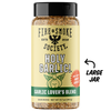 A bottle of Fire & Smoke Society Holy Garlic! seasoning on a white background, featuring a black lid, a beige label with black text and a green band, and a cartoon garlic character. A black arrow on the right points to the bottle with the text 'LARGE JAR'.