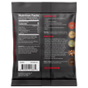 Back of a black bag of Fire and Smoke Society homestyle chili seasoning, showing nutrition facts, shopping list, directions, and circular ingredient callouts