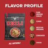 A product graphic for Chili Homestyle spice blend. The image features a black pouch of the product on the left, with a red background and white text reading 'FLAVOR PROFILE'.