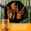 A bottle of Fire and Smoke Society Honey Garlic BBQ Rub is shown next to a black cast iron skillet containing three cooked pork chops on a grill grate, with descriptive text on an orange banner at the bottom.