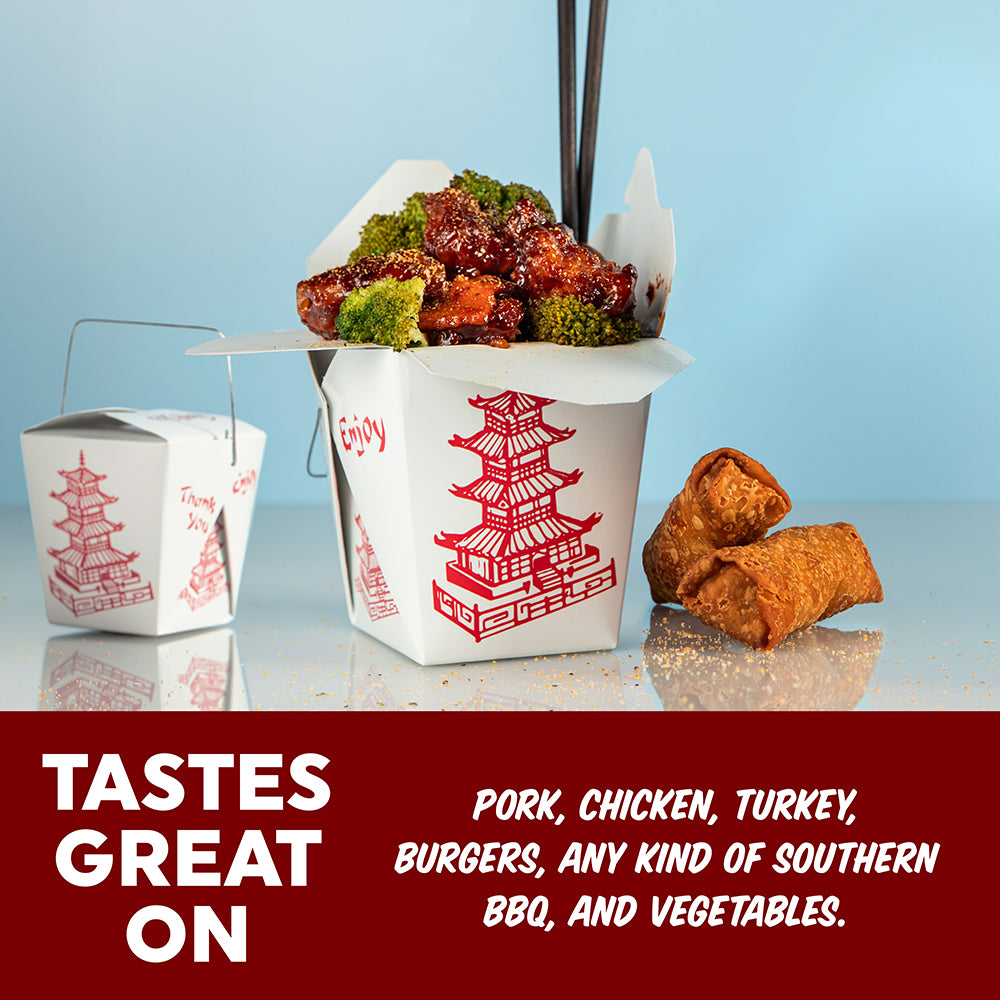 a white take-out container filled with glazed chicken and broccoli, another empty container with red pagoda graphics, two spring rolls, and text reading 'TASTES GREAT ON' and 'PORK, CHICKEN, TURKEY, BURGERS, ANY KIND OF SOUTHERN BBQ, AND VEGETABLES.'.