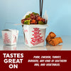 a white take-out container filled with glazed chicken and broccoli, another empty container with red pagoda graphics, two spring rolls, and text reading 'TASTES GREAT ON' and 'PORK, CHICKEN, TURKEY, BURGERS, ANY KIND OF SOUTHERN BBQ, AND VEGETABLES.'.
