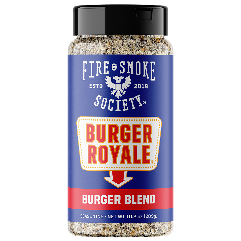 A bottle of Fire & Smoke Society Burger Royale Burger Blend seasoning, featuring a blue label with a black cap and visible coarse salt and pepper mix inside.