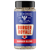 A bottle of Fire & Smoke Society Burger Royale Burger Blend seasoning, featuring a blue label with a black cap and visible coarse salt and pepper mix inside.