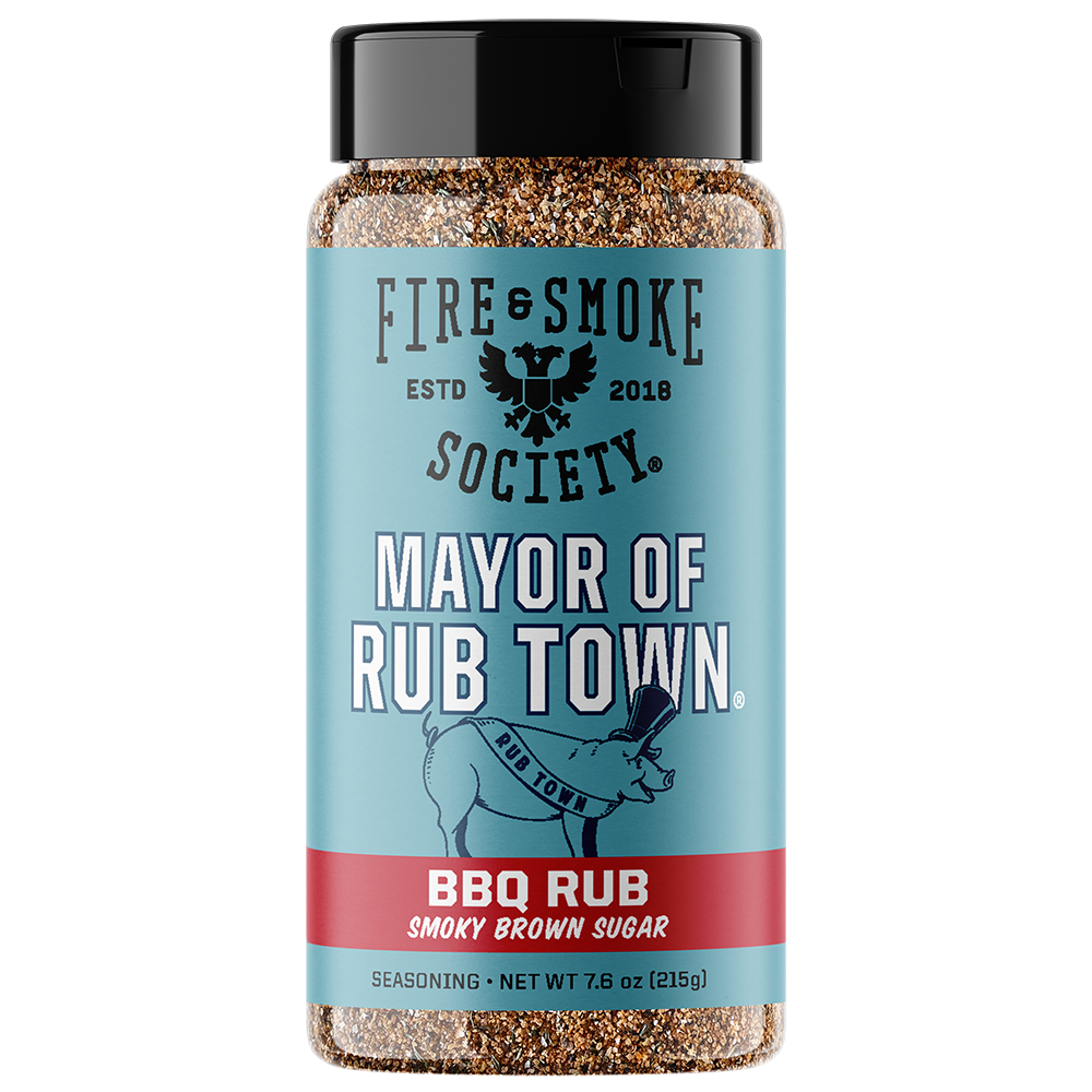 A bottle of Fire & Smoke Society BBQ Rub seasoning, featuring a light blue label with a black cap and a red band at the bottom. The label reads 'Mayor of Rub Town' and 'BBQ Rub Smokey Brown Sugar'.