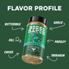 A spice rub jar labeled 'Rodeo Ranch Chicken & Fish Fire & Smoke Society' centered on a dark green background with white text and arrows pointing to flavor notes: buttermilk, dill, chives, garlic, parsley, and tarragon.