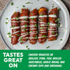 Five roasted chicken rolls topped with white dressing and chopped green herbs, arranged on a round gray plate. A green banner at the bottom reads 'TASTES GREAT ON' with text listing compatible foods like chicken, pork, fish, grilled vegetables, garlic bread, and creamy dips and dressings.