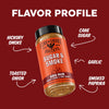 BBQ rub container with flavor profile text on a red background