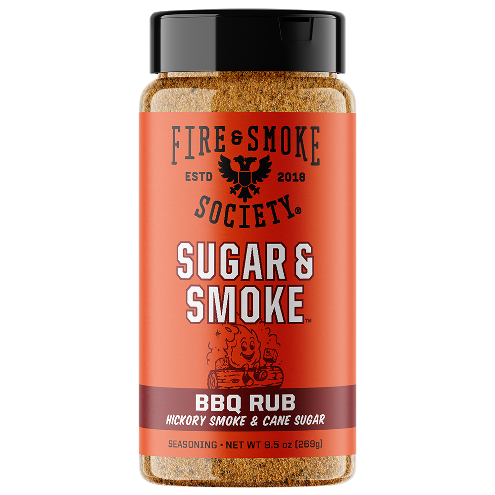 A bottle of Fire & Smoke Society Sugar & Smoke BBQ Rub seasoning, featuring a bright orange label with a black cap, set against a plain white background.