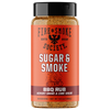 A bottle of Fire & Smoke Society Sugar & Smoke BBQ Rub seasoning, featuring a bright orange label with a black cap, set against a plain white background.