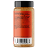 A bottle of seasoning with a black cap and a red-orange label showing the Nutrition Facts panel. The seasoning inside appears tan and brown.