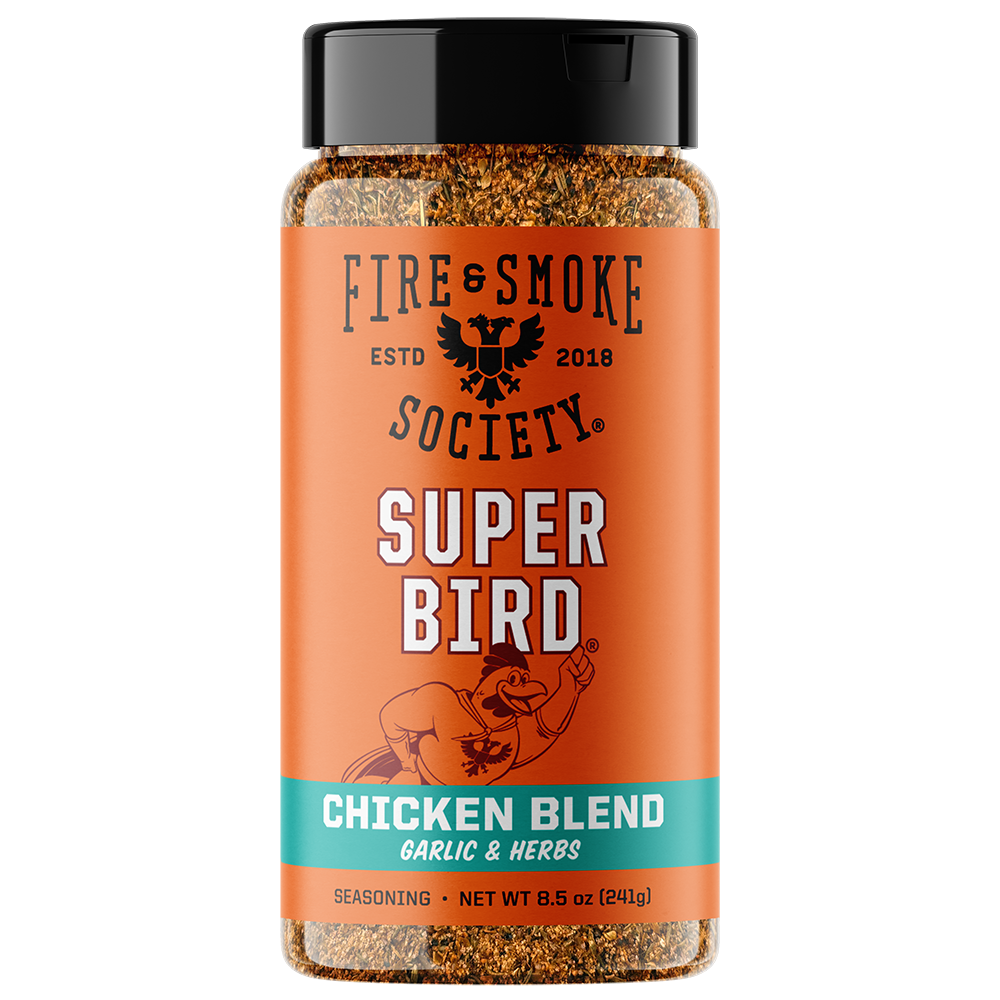 A bottle of Fire & Smoke Society Super Bird Chicken Blend seasoning, featuring an orange label with a black cap and visible seasoning inside.