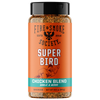 A bottle of Fire & Smoke Society Super Bird Chicken Blend seasoning, featuring an orange label with a black cap and visible seasoning inside.