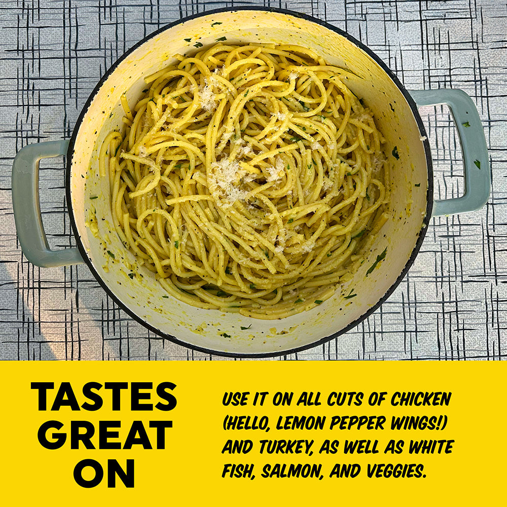 Top-down view of a yellow pasta dish in a white and gray enameled cast iron pot, placed on a gray patterned surface. A bright yellow banner at the bottom contains text reading 'TASTES GREAT ON' and additional cooking suggestions.