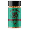 A bottle of Lucky Lucky Fire & Smoke Society Sweet & Smoky Spice Blend, featuring a bright teal label with a red dragon graphic and a black lid, set against a plain white background.