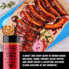 Barbecued ribs with pickles and onions, accompanied by a bottle of 'Brazen Pig' BBQ blend.