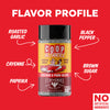 A spice bottle labeled Coop de Thrill Seasoning Blend on a bright red background with white text callouts reading Roasted Garlic, Black Pepper, Cayenne, Brown Sugar, and Paprika, plus a 'No Artificial Ingredients' badge.